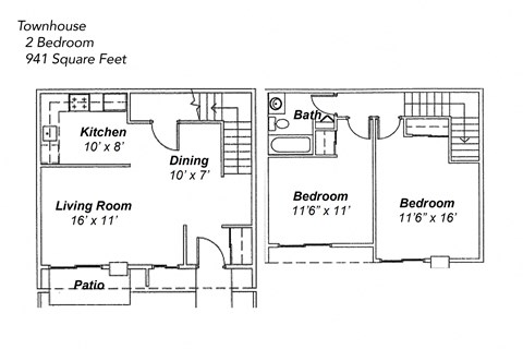 Floor plan for 2 beds, 1 bath, 941 sqft